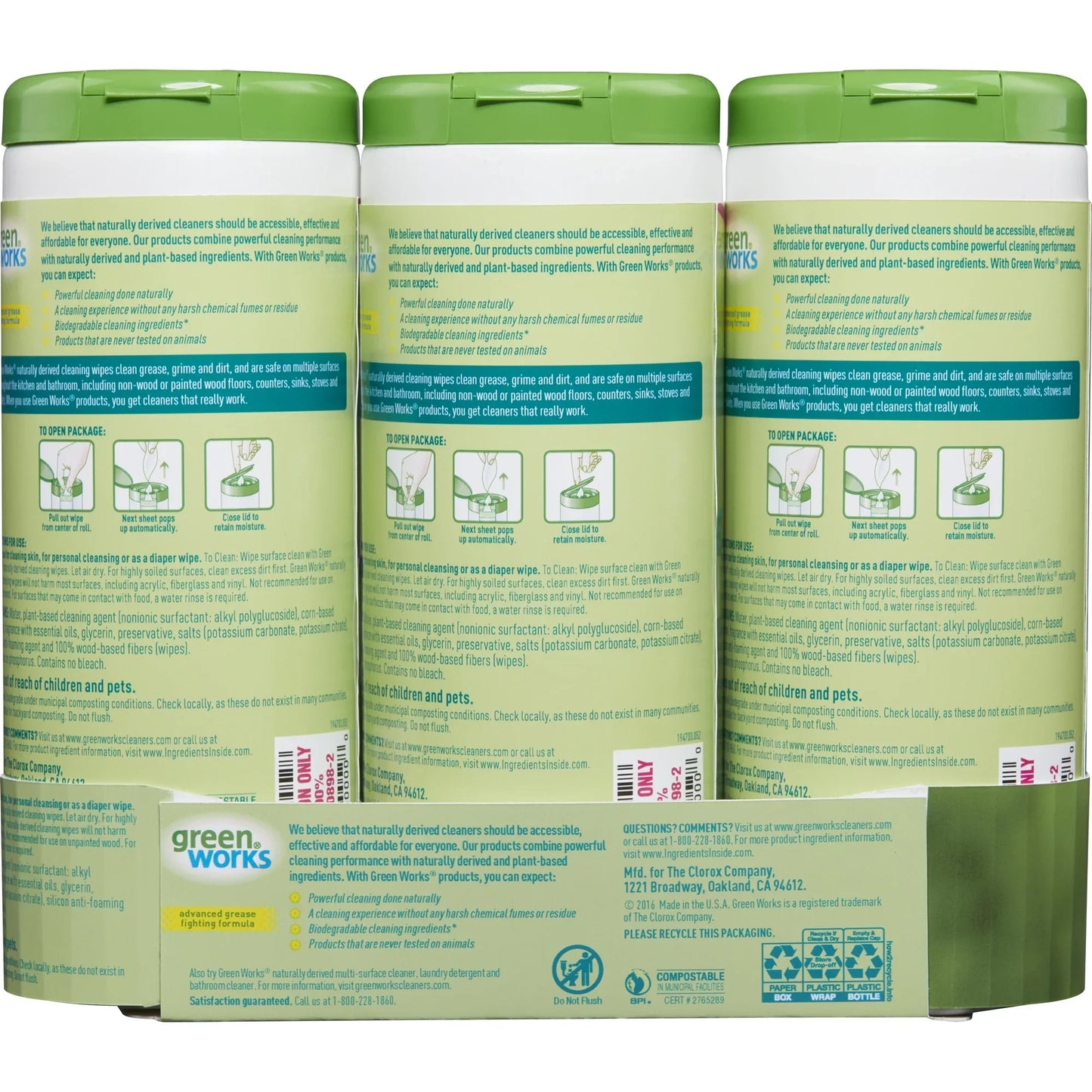 (3 pack) Green Works Compostable Cleaning Wipes, Biodegradable Cleaning Wipes - Water Lily, 30 ct